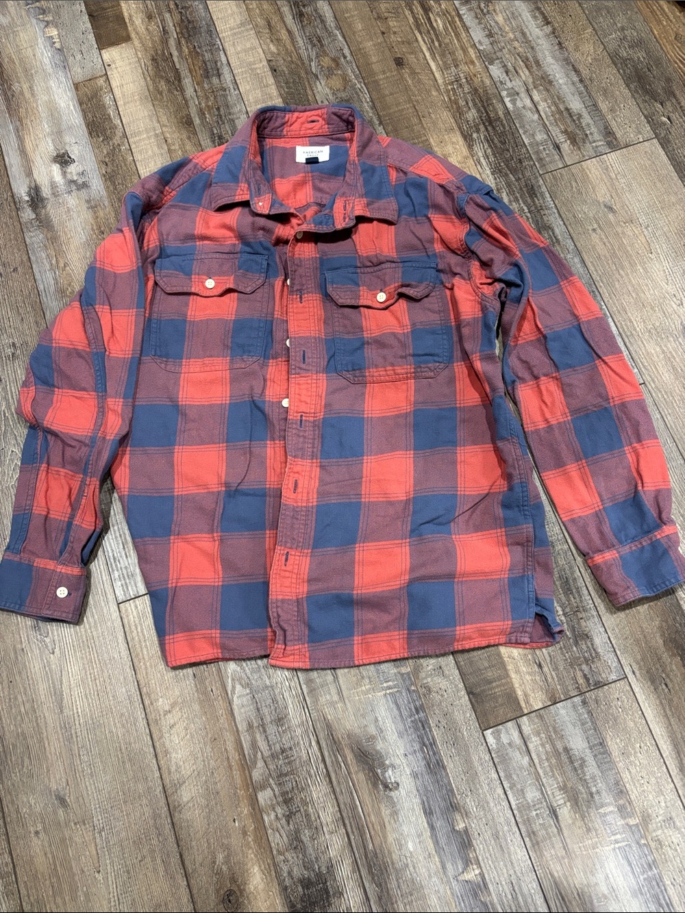 American Eagle Outfitters Red and Blue Plaid Button-Down Shirt
